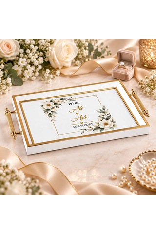 Bk Gift Kişiye Özel Beyaz&gold Söz Nişan Tepsisi-4 - 39x23 Cm Çok Renkli