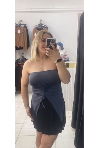 Tuba Toptaş Straplez Bluz Büzgülü Gri