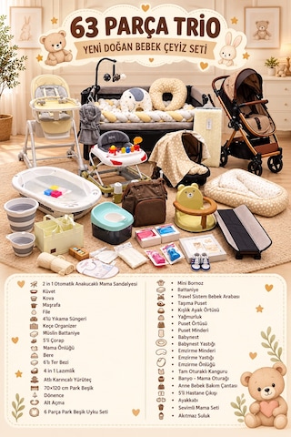 63 Parça Trio Yeni Doğan Bebek Çeyiz Seti Full Set Bebeğiniz İçin Gerekli Olan Her Şey