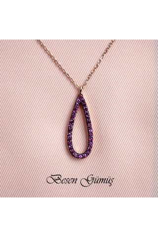 Pembe Taşlı İçi Boş Damla Kolye Rose - Gold - Gümüş