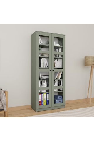 Lucas Cam Kapaklı Vitrin - Büfe - Kitaplık Ve Çok Amaçlı Dolap Ayarlanabilir Raf - Yeşil Yeşil