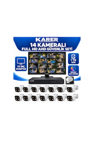 Karer 14 Kameralı 19 İnç Monitörlü Full Hd Ahd Güvenlik Seti 1 Tb Hdd