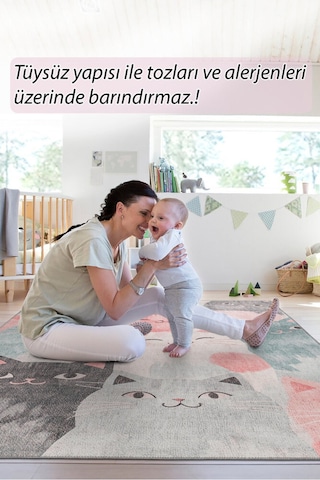 Foldy Kedi Desenli Dokuma Taban Dekoratif Çocuk Odası Halısı Fl 57 Çok Renkli