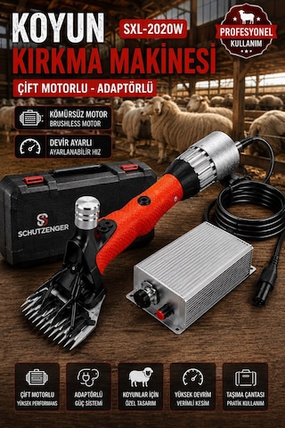 Devir Ayarlı Koyun Kırkma Makinesi Kömürsüz Motor Çift Motorlu Adaptörlü Soğutmalı Beiyuan Bıçaklı