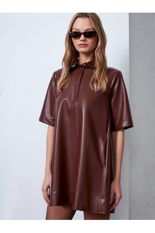 Dilvin 90934 Suni Deri Mini Gömlek Elbise-karamel Karamel