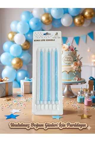 Rima Life Candle Mavi Simli Doğum Günü Pasta Mumu, Uzun Boy, Parlak Finish, Kutlama İçin, 6'lı Paket +0