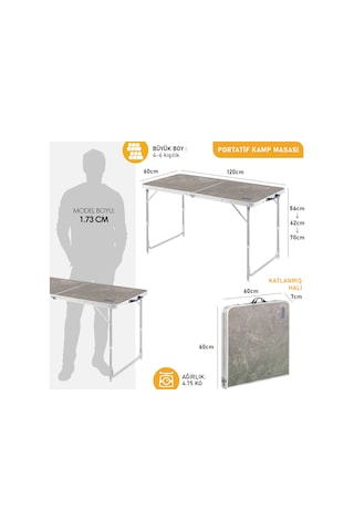 Haegs Portatif Kamp Masası, 3 Yükseklik Ayarlı, Katlanır Piknik Masası, Kolay Taşınabilir Alüminyum Masa - 120x60 - Antrasit