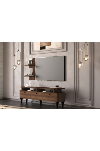 Gm 044 Neva 3 Kapaklı Ayaklı Duvar Raflı Tv Ünitesi Barok Ceviz