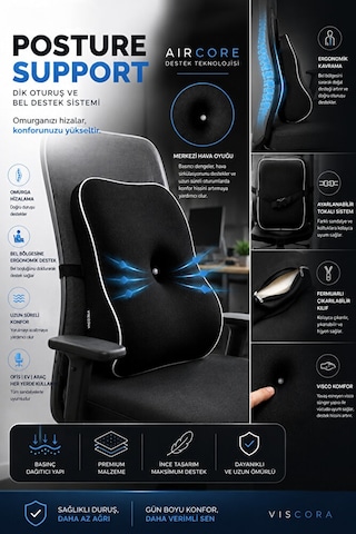 Posture Support Aircore Ergonomik Lomber Bel Destek Minderi Siyah