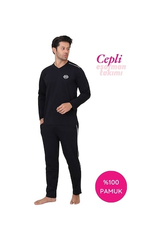 Erkek Siyah V Yaka %100 Pamuk Mevsimlik Uzun Kol Pijama Takımı-siyah Cepli Eşofman Takımı Siyah