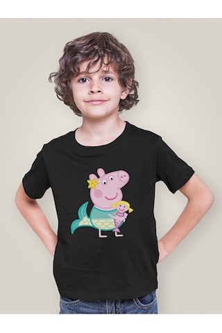 Sevbano Unisex Peppa Pig Baskılı Çizgi Film Çocuk Tişört 1-12 Yaş Siyah