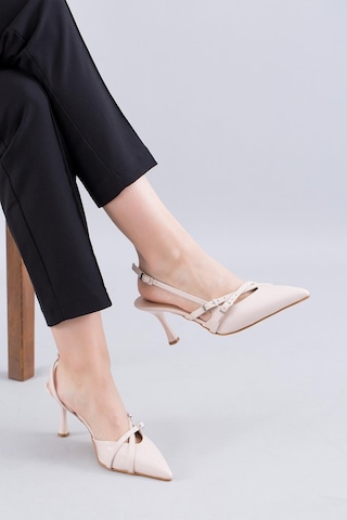 Stilbagshoes Linda Çift Bant Toka Detaylı Kadın Topuklu Ayakkabı Bej-bej Bej