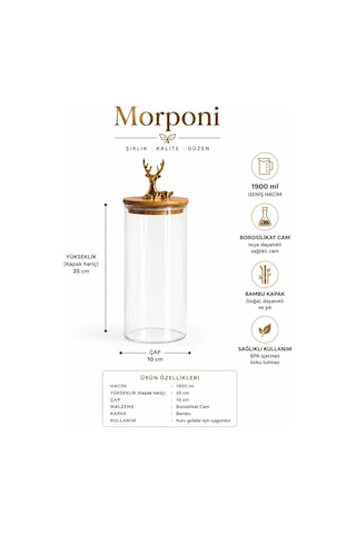 Qerhome 3'lü Borosilikat Cam Gold Geyik Figürlü Bambu Kapaklı Kavanoz 1900 Ml Şeffaf Alk