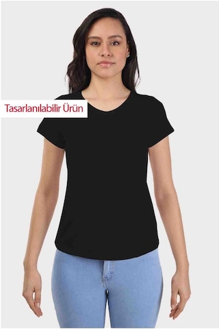 Kadın Siyah Basic V Yaka Tshirt Siyah