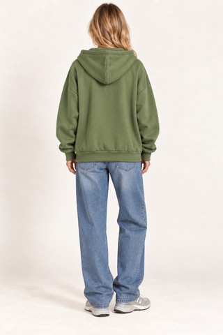 Cool Tarz Unisex Oversize Fermuarlı Kapüşonlu Sweatshirt 3 İplik Şardonlu Haki Haki