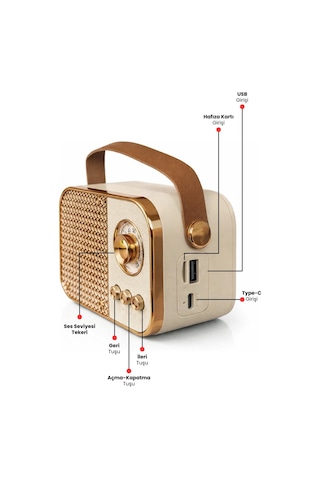 Nostaljik Bluetooth Hoparlör Bluetooth 5.2 Usb & Tf Kart Destekli Led Taşınabilir Speaker