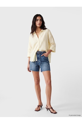 Lcw Vision Sarı Çizgili Oversize Poplin Kadın Gömlek