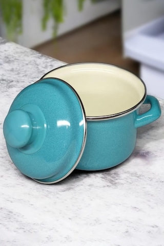 Nishev İtalyan Emaye Mini Derin Tencere 12 Cm 900 Ml Turkuaz Turkuaz