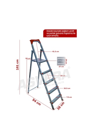 Asvera 4+1 5 Basamaklı Ev Tipi Katlanabilir Profil Merdiven - Sağlam Çelik Boya Merdiveni