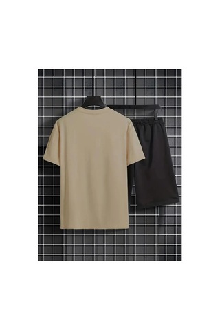 Erkek Bej''los Angeles Baskılı'' Basic Oversize T-shirt- Şort Takım Strup0000000000015