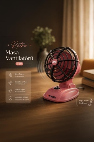 Premium Vintage Model Taşınabilir Fan Retro Tarz Şarjlı Masaüstü Vantilatör F50 Pembe