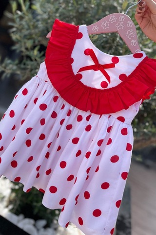 Kırmızı Fırfır Ve Benekli Beyaz Pamuklu Yazlık Elbise 001