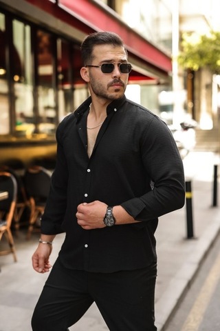 Veraura Lifestyle Erkek Uzun Kollu Beyaz Düğmeli Pera Keten Gömlek Siyah