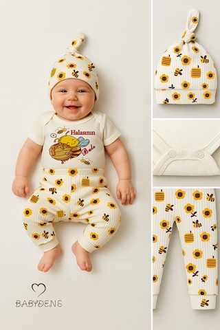 Babyden's 3 Lü Yenidoğan Takım Halasının Balı Baskılı Kısa Kol Body Arı Çiçek Desenli Pantolon Bere Ekru
