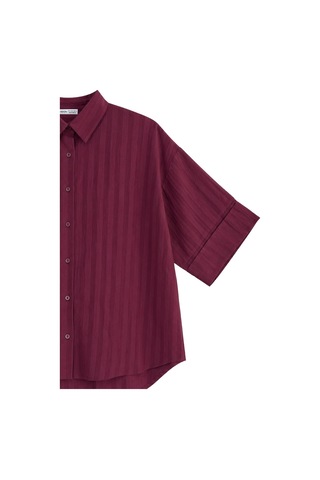 Vadon 1030 Kadın Pamuklu Çizgili Hafif Transparan Kısa Kollu Oversize Gömlek Bordo