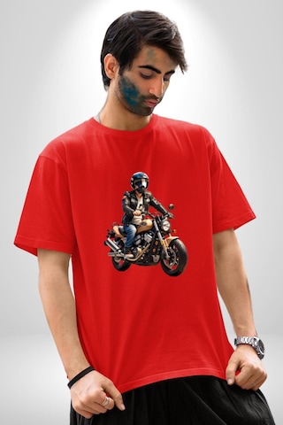 Kask Motorsiklet Dünya Turu Pamuklu Bisiklet Yaka Unisex Oversize Boyfriend Dijital Baskılı Kırmızı T-shirt Kırmızı