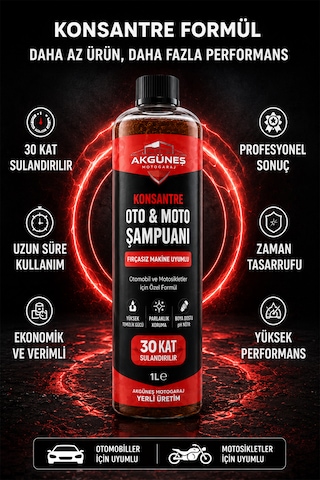Akgüneş Motogaraj 1 Lt Konsantre Oto & Moto Şampuanı 30 Kat Sulandırılabilir Fırçasız Makine Uyumlu