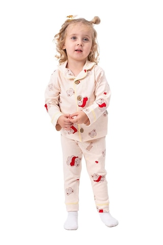Bebegen Unisex Somon Sarı Biyeli Kırmızı Ayıcık Desenli Kruvaze Yaka Pijama Takımı Çok Renkli