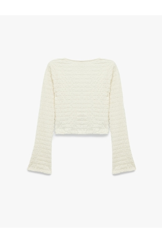 Koton Bürümcük Kumaş Önden Bağlamalı Fiyonklu Uzun Kollu U Yaka Bluz Ekru 5sak90012mk Ekru