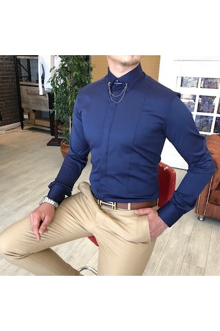 Italyan Kesim Slim Fit Erkek Saten Zincirli Gömlek Lacivert T4802