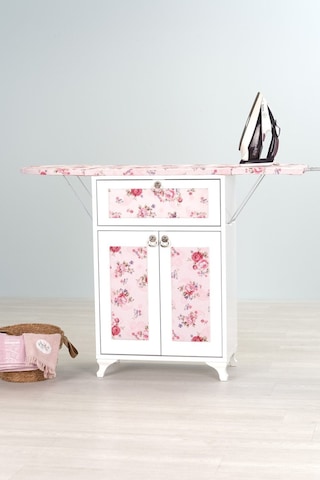 Mistik Home Rose Katlanır Dolaplı Ütü Masası Beyaz Gövde, Pembe Çiçek Desenli Beyaz/pembe