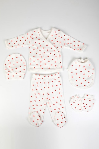 Baby Shez %100 Pamuklu Fitilli 5 Parça Yenidoğan Hastane Çıkışı Kalpli Zıbın Set Krem