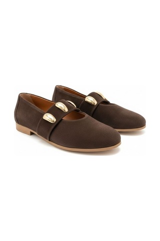 Ne&ve Shoes Kahve Süet Gold Aksesuar Detaylı Lastikli Kadın Şık Ve Rahat Babet Kahverengi