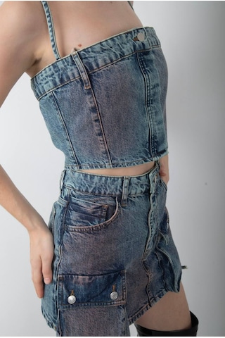 Denim Crop Top Ve Cepli Asimetrik Mini Etek Takım Mavi