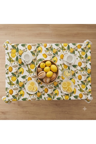 Küçükçalık Duck Kumaş Limon Desenli Dantelli Masa Örtüsü Sarı - Yeşil