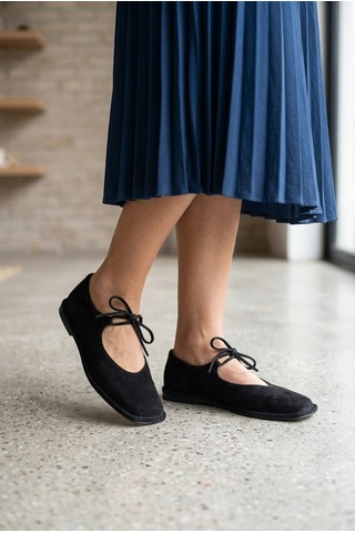 Shoetek Avany Kadın Babet Bağcıklı Siyah Süet