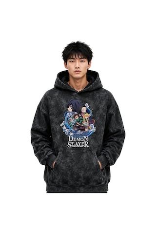 Sevbano Demon Slayer Anime Baskılı Unisex Oversize Yıkamalı Premium Hoodi Siyah