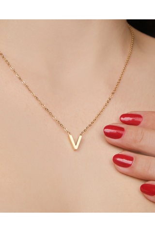 Lekka Design Kadın Kararmaz Çelik Takı V Harf Kolye Altın