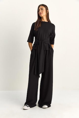 Shade Kadın Belden Bağlamalı Basic T-shirt Bol Paça Pantolon Alt-üst Modal Takım 4114 60286087 - Siyah