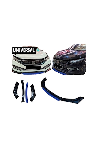 Üniversal Lip Honda Civic FC5 Tip Mavi Detaylı Ön Tampon Eki Kanatlı Lip 4 Parça