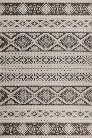 Artloop Nora Krem / Gri Etnik Desenli Dokuma Tabanlı Modern Şönil Halı Al 508 Bej