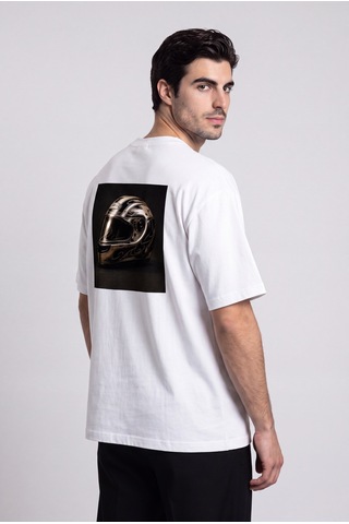 Black Nova Oversize Baskılı Unisex Tişört Bn Helmet Beyaz