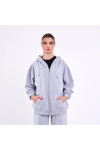 MMetalic Gri Kanguru Cepli Kapüşonlu Fermuarlı Oversize Kadın Sweatshirt Gri