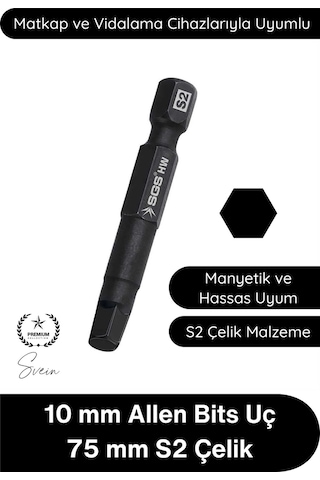 Allen 10 Mm Allen Bits Uç 7,5 Cm S2 Çelik Profesyonel Alyan Tornavida Ucu Manyetik Altıgen Vida Sök