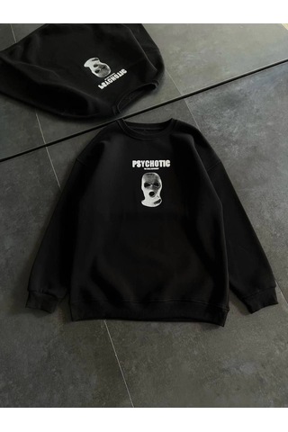 Vexor Kışlık Bisiklet Yaka Baskılı Sweatshirt - Siyah