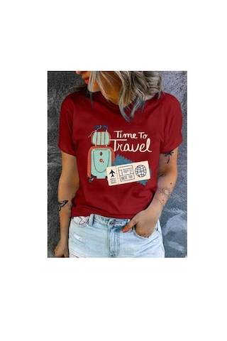 Kadın Time To Travel Baskılı %100 Pamuklu T-shirt Kırmızı